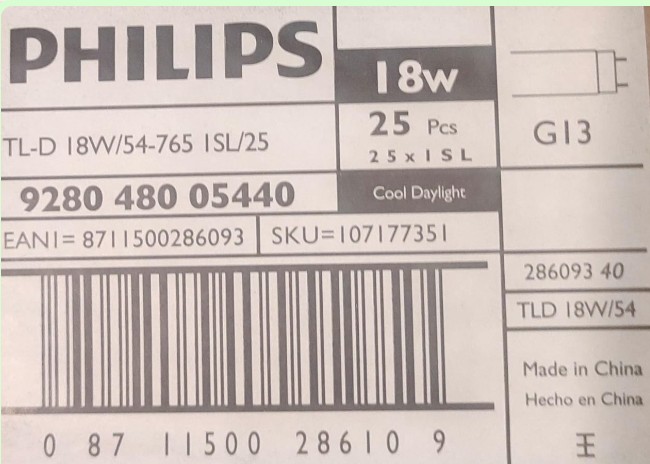 Tubo Fluorescente TL-D 18W luz blanca 600mm Philips