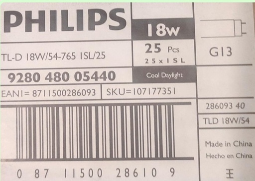 [1600000164] Tubo Fluorescente TL-D 18W luz blanca 600mm Philips